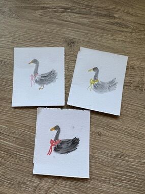 Hand-Painted Grey Duck Watercolor Art Print - Pink and Yellow Ribbon